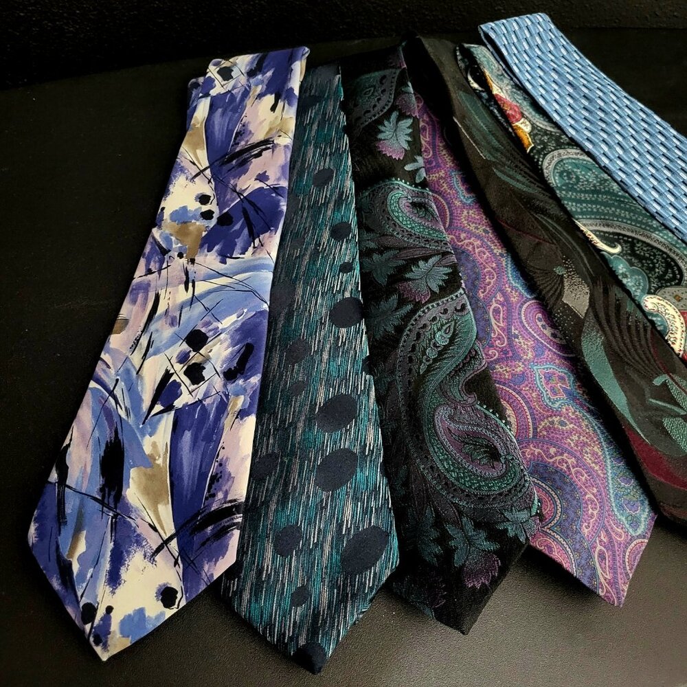 LOT OF 7~MENS TIES~PACO RABANNE PARIS~JONES NEW YORK~DAMON~BLACK BLUE PURPLE - Picture 6 of 15